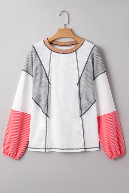 Waffle Patchwork Exposed Seam Balloon Sleeve Color Block Knit Top